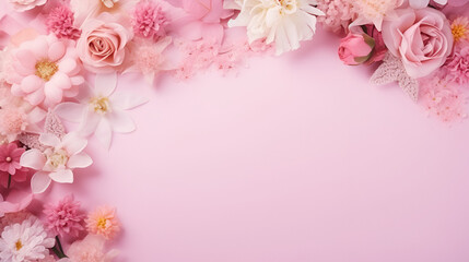 Fototapeta na wymiar Frame of pink flowers on pastel background with copy space, generative ai