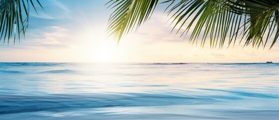 Fototapeta na wymiar Serene beach scene, transparent turquoise water, palm leaves in soft focus, golden hour lighting