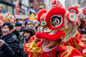 Chinese dragon, Chinese New Year parade, colorful costumes and decorations, dynamic crowd movement