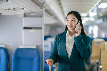 Obraz premium Airplane, travel and portrait of woman with journey and backpack.