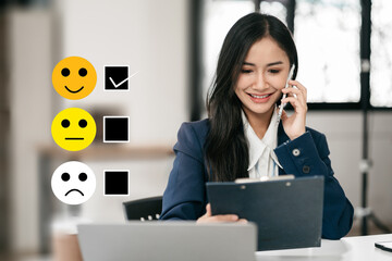 Happy Client customer experience concept. Woman recording phone inquiry with checkboxes, smiling...