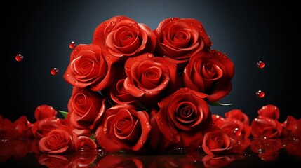 Red Roses with Water Drops on Dark Background