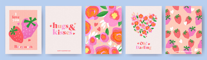 Creative concept of Happy Valentines Day cards set. Modern art design with hearts, strawberries, flowers and  modern typography. Templates for celebration, ads, branding, banner, cover, label, poster