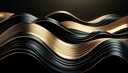Abstract golden wavy lines on black background. 3d render illustration