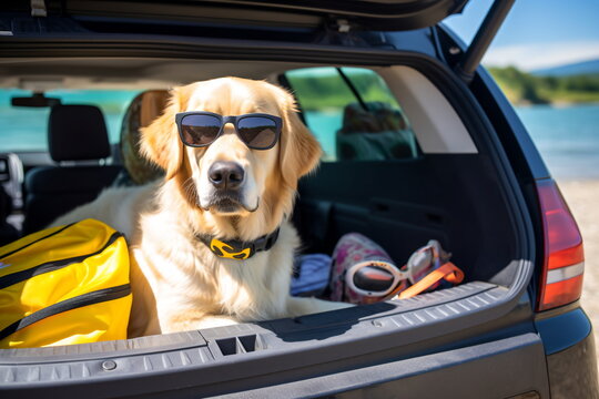 Golden Retriever Wearing Sunglasses in the Back of a Car