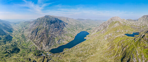 Llyn Ogwen and Llyn Bochlwyd lakes in Ogwen Valley, Wales