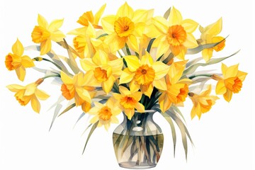 illustration of yellow narcissus in vase on white background