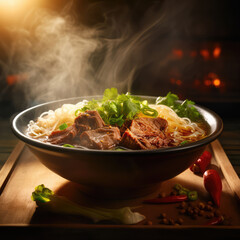 A bowl of Thai noodle soup with vegetables. Far east cuisine