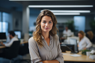 Attractive young business woman in office. Generative AI.