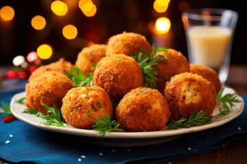 arancini italian appetizers at festive easter or christmas dinner. Party finger food Mediterranean diet with fresh basil and candlelight - obrazy, fototapety, plakaty