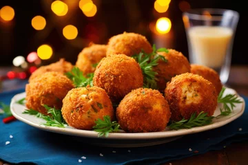 Poster arancini italian appetizers at festive easter or christmas dinner. Party finger food Mediterranean diet with fresh basil and candlelight © Dina