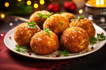 arancini italian appetizers at festive easter or christmas dinner. Party finger food Mediterranean...