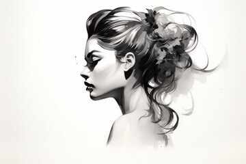 beautiful young woman,  female profile silhouette with bun hairstyle black ink sketch drawing	 - Powered by Adobe