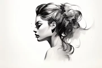Foto op Canvas beautiful young woman,  female profile silhouette with bun hairstyle black ink sketch drawing  © Dina