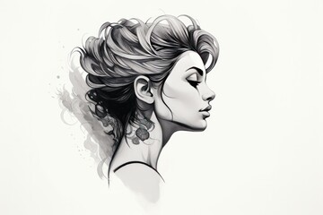 beautiful young woman,  female profile silhouette with bun hairstyle black ink sketch drawing	