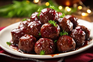 Slow cooker grape jelly meatballs christmas appetizer on a plate at festive american family dinner - obrazy, fototapety, plakaty
