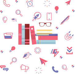 Stacks of books for reading, pile of textbooks for education. Set of literature, dictionaries, encyclopedias, planners with bookmarks.