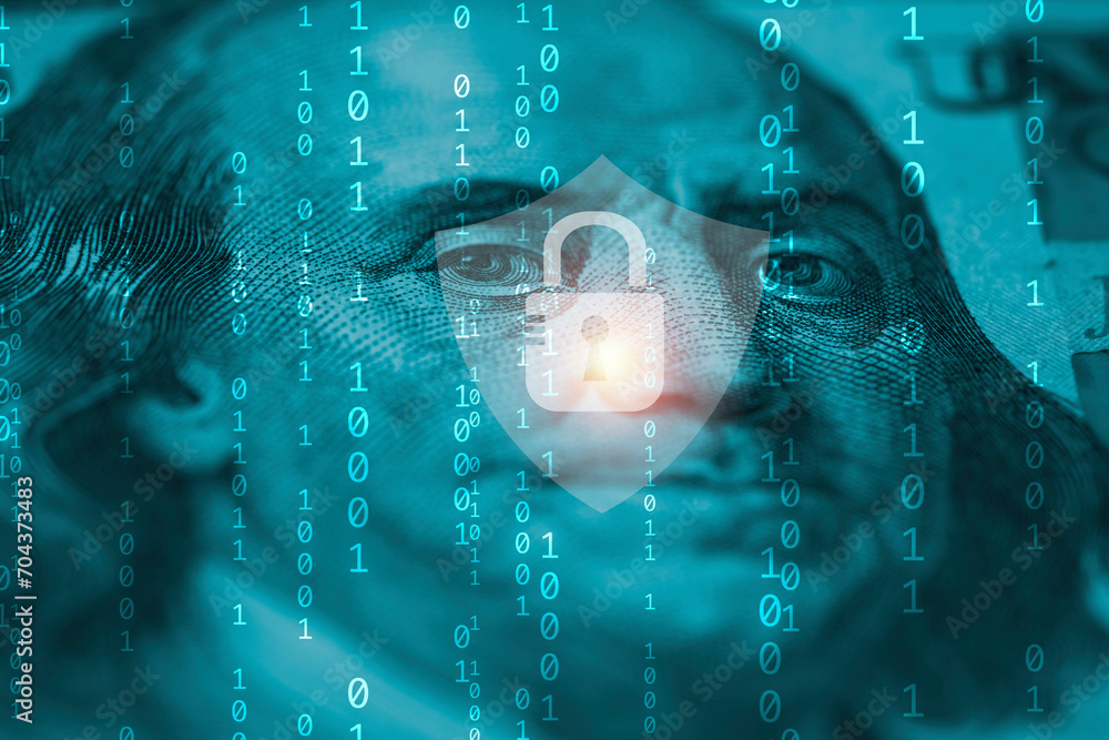 Aufkleber closeup of benjamin franklin face on usd banknote with binary number and master key for digital mone