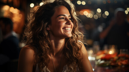 laughing young woman with long curly brown hair in a bar or restaurant