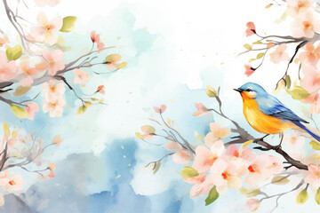 Obraz na płótnie Canvas Watercolor cherry blossom background with blue bird. Hand drawn illustration