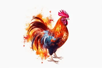 Foto op Canvas a rooster with a fiery tail isolated on a white background. generative ai © LivroomStudio