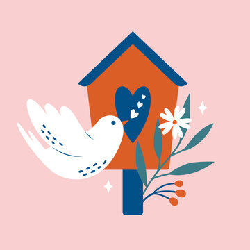 recommend clip art: Spring cute illustration with bird box, starling nest box, white bird, flower, berries, leaves, heart. Happy springtime moments. Cartoon clip art to Valentine's Day.
