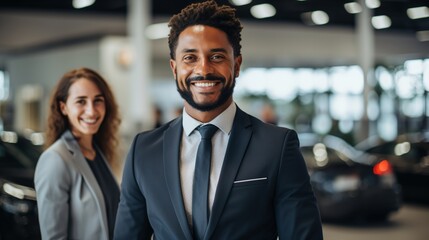 Black man in suit smiling with woman in background