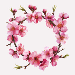 Watercolor floral wreath with pink sakura flowers on white background