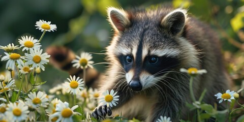 Obraz premium Raccoon spring time. in chamomile flowers