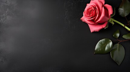 Valentines day background banner, red rose in black texture background
