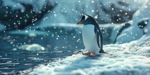 Obraz premium An emperor penguin stands in the middle of a snowstorm on a glacier and admires the sea. Huge high glaciers in winter natural conditions