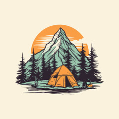 Camping vintage vector illustration for t-shirt design - obrazy, fototapety, plakaty