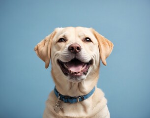  labrador retriever dog smiling. Isolated on blue pastel background