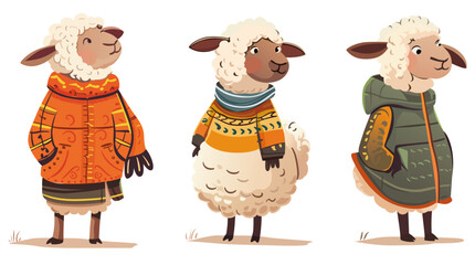 Set of cartoon style character of a sheep with winter clothes