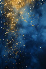Abstract background with gold sparkles on a blue dark watercolor  background, in the style of soft brush strokes, dark palette, confetti-like dots.  Festive backdrop for holiday or event