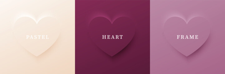 Set of abstract 3D heart, different color 3D heart shape frame design. Collection of geometric backdrop for cosmetic product display. Top view. Vector illustration