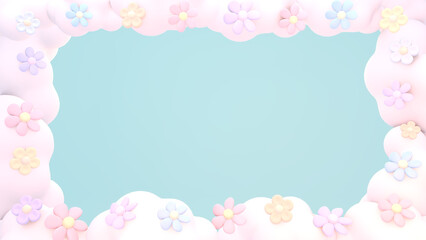 3d rendered pastel flowers and clouds frame on teal green background.
