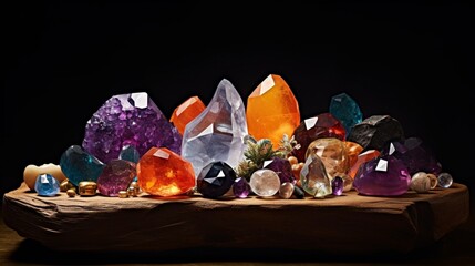 A still-life composition featuring a variety of gemstones in a range of sizes, creating a dazzling and visually captivating arrangement.