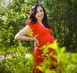 Beautiful pregnant woman in red dress in the flowering spring park