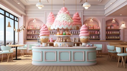Kawaii Pastel Pink and Blue Bakery Shop Interior
