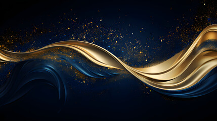 A swirling, abstract wave of gold and blue liquid ripples across a dark background.