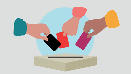 Vektor-Illustration einer Person, die einen Stimmzettel in eine Wahlurne wirft und damit eine Stimme abgibt - Wahl oder soziale Umfrage Konzept