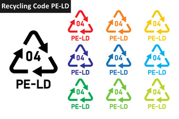 PE-LD plastic recycling code icon set. Plastic recycling symbols 04 PE-LD. Plastic recycling code 04 icon collection in ten different colors. Set of plastic recycling code symbol icon 04 PE-LD. - obrazy, fototapety, plakaty