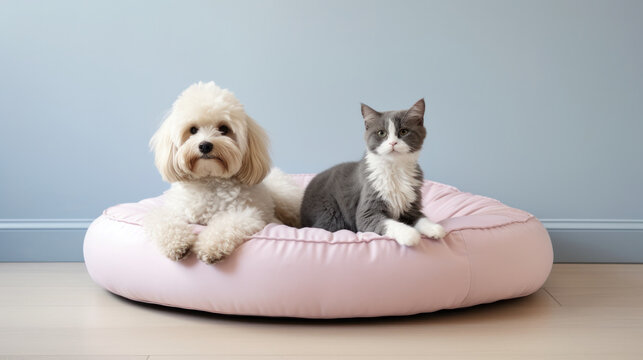 Fluffy white dog and grey and white cat lounging together on a pink pet bed, displaying harmony and adorable companionship in a cozy home