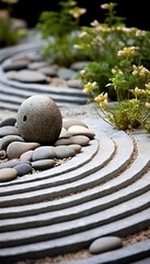 A zen garden featuring carefully placed stones with soothing hues, creating a visually calming and harmonious composition.