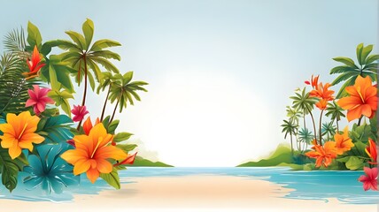 Fototapeta na wymiar International day of tropics vector illustration with copy space for text for poster, banner, invitation card. Hawaii theme Flat cartoon hand drawn Tropical background with grass, flowers. June 29