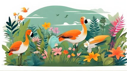 Obraz premium International day of tropics vector illustration with copy space for text for poster, banner, invitation card. Hawaii theme Flat cartoon hand drawn Tropical background with grass, flowers. June 29