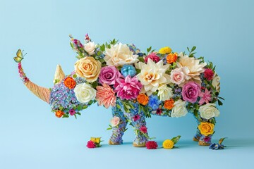 Fototapeta na wymiar Colorful rhino with spring flowers. AI generative art 