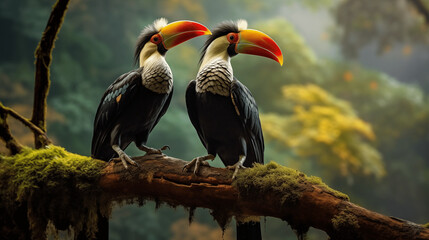 Obraz premium A couple hornbill bird stay on the branch in the forest