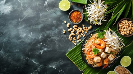 Thai Street Food Pad Thai Ingredients on Banana Leaf

